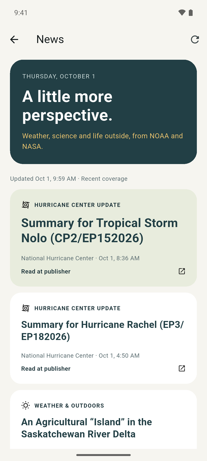 News screen listing recent National Hurricane Center updates and a NASA story