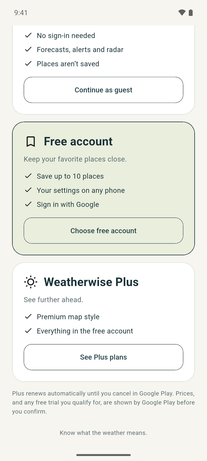 Weatherwise plan screen comparing continuing as a guest, a free account and Weatherwise Plus
