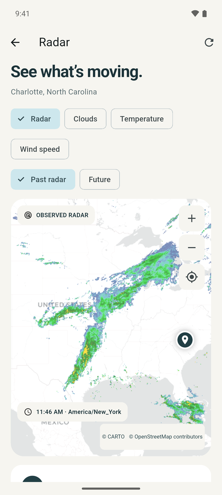 Radar screen showing past radar across the eastern United States, with the layer chips and a pin on the selected place