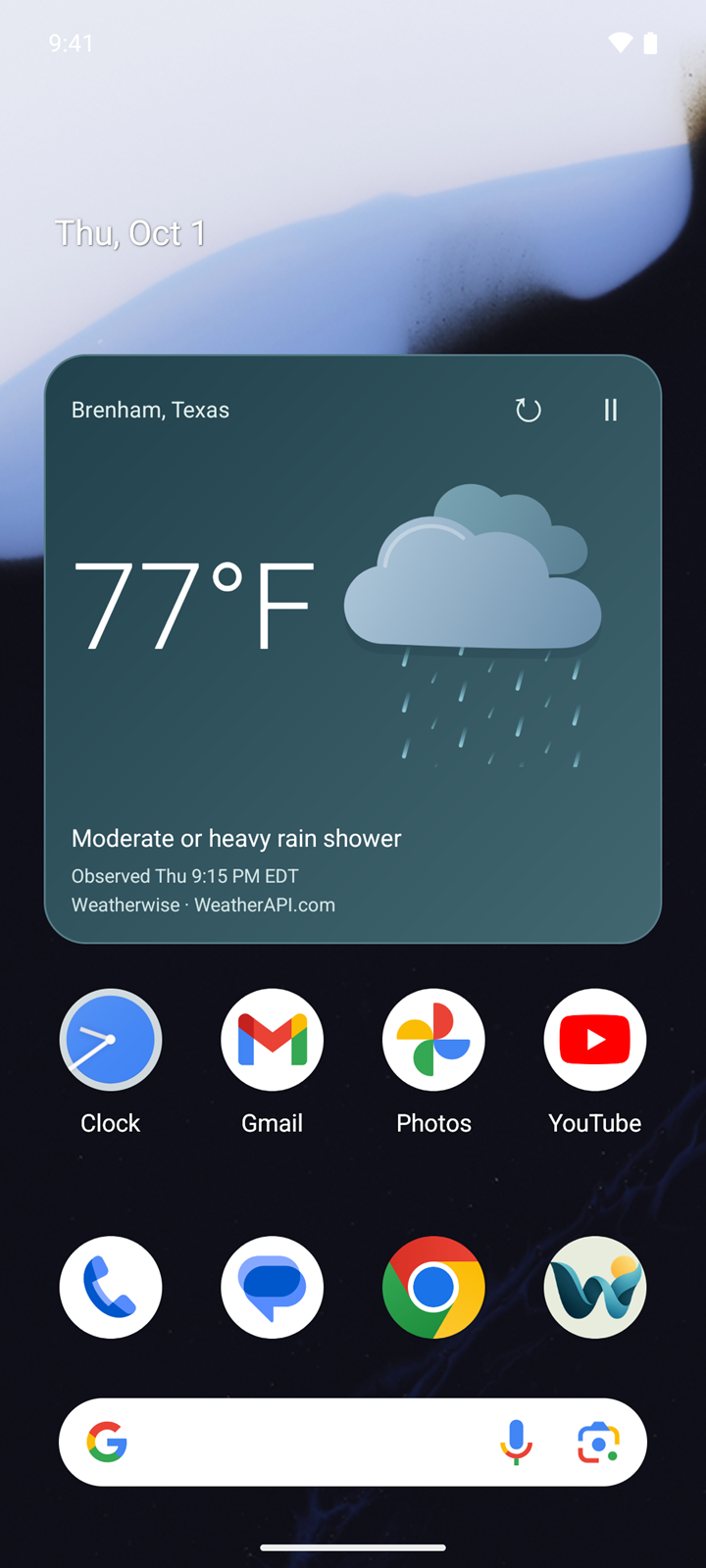 Weatherwise widget on an Android home screen showing the temperature and conditions for a chosen place